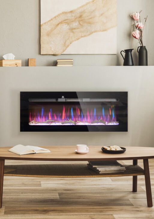 50" Recessed or Wall Mounted Electric Fireplace Heater with Remote Control, Adjustable Flame Color and Brightness