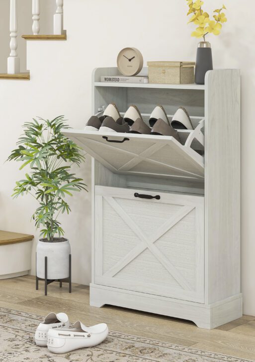 Slim Shoe Storage Cabinet, Farmhouse Shoe Cabinet with 2 Flip Drawers, Adjustable Shelves for 8 Pairs, Distressed White