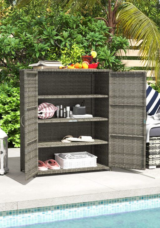 Rattan Wicker Outdoor Storage Cabinet with 4 Shelves and 2 Doors for Garden Pool Towel Storage, Mixed Gray