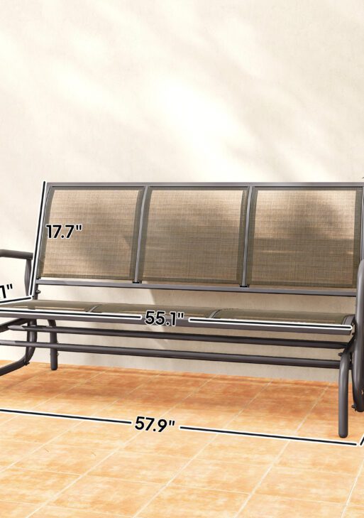 3-Person Outdoor Patio Glider Bench, Porch Glider Swing with 3 Seats, Breathable Mesh Fabric, Metal Frame, Brown
