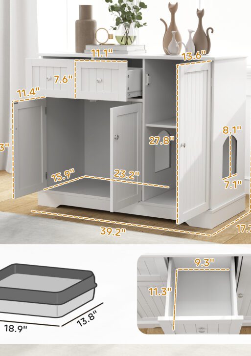Cat Litter Box Enclosure with Drawers, Storage, Anti-tip Kit, 39" x 18" x 31.5", White