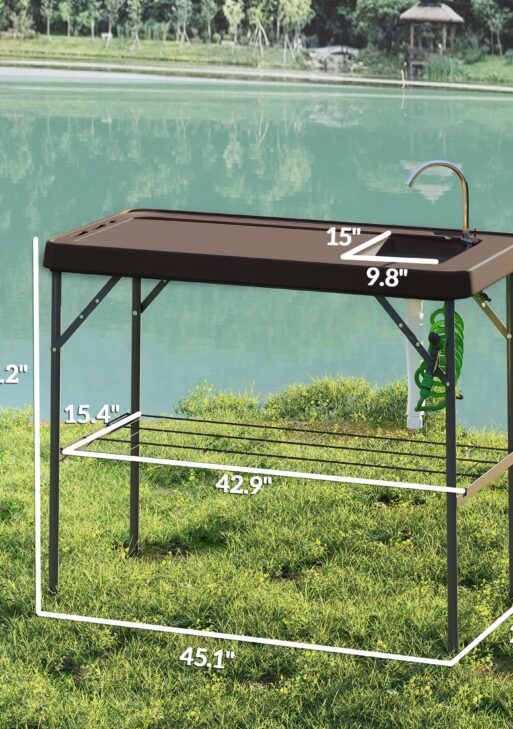 Folding Fish Cleaning Table with Sink, Portable Camping Table with Faucet, Drainage Hose, Sprayer and Shelf, Tan