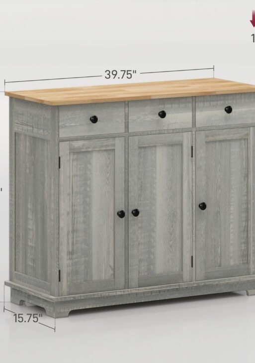 Kitchen Storage Cabinet, Sideboard Floor Cupboard with Solid Wood Top, Adjustable Shelf, and 3 Drawers, Light Gray