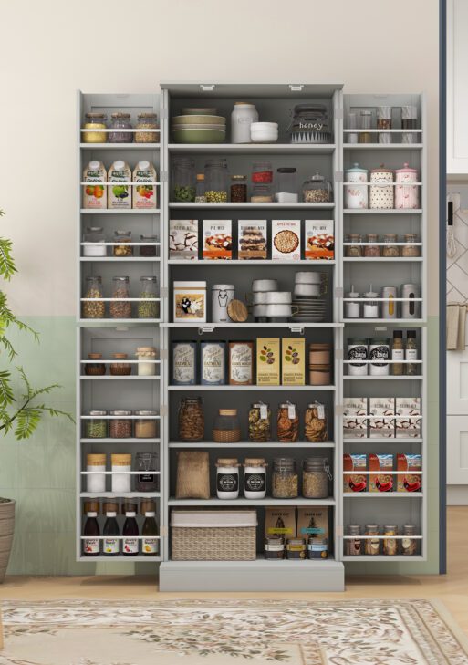 65" Kitchen Cabinet, Kitchen Pantry Cabinet with 4 Doors and 16 Door Shelves for Dining Room, Gray