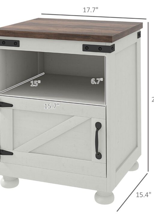 Side Table with Storage, End Table with Open Shelf, Cupboard and Wood Legs, Modern and Farmhouse Style, White