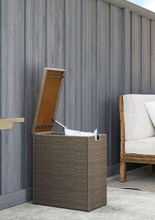 17-Gallon Small Deck Box, Wicker Outdoor Storage Box with Acacia Wood Top for Patio Cushions and Garden Tools, Teak