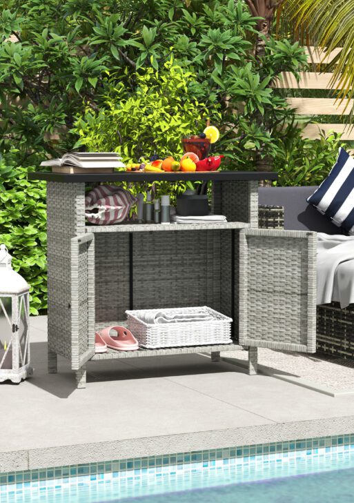 Wicker Outdoor Storage Cabinet with Two Doors and Shelf for Outdoor Pool Towel Storage, Gray