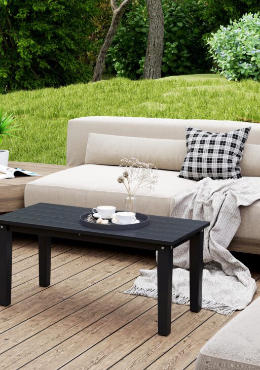 Rectangle Outdoor Coffee Table, HDPE All-Weather Outdoor Patio Table with Slatted Tabletop for Yard, Balcony, Black