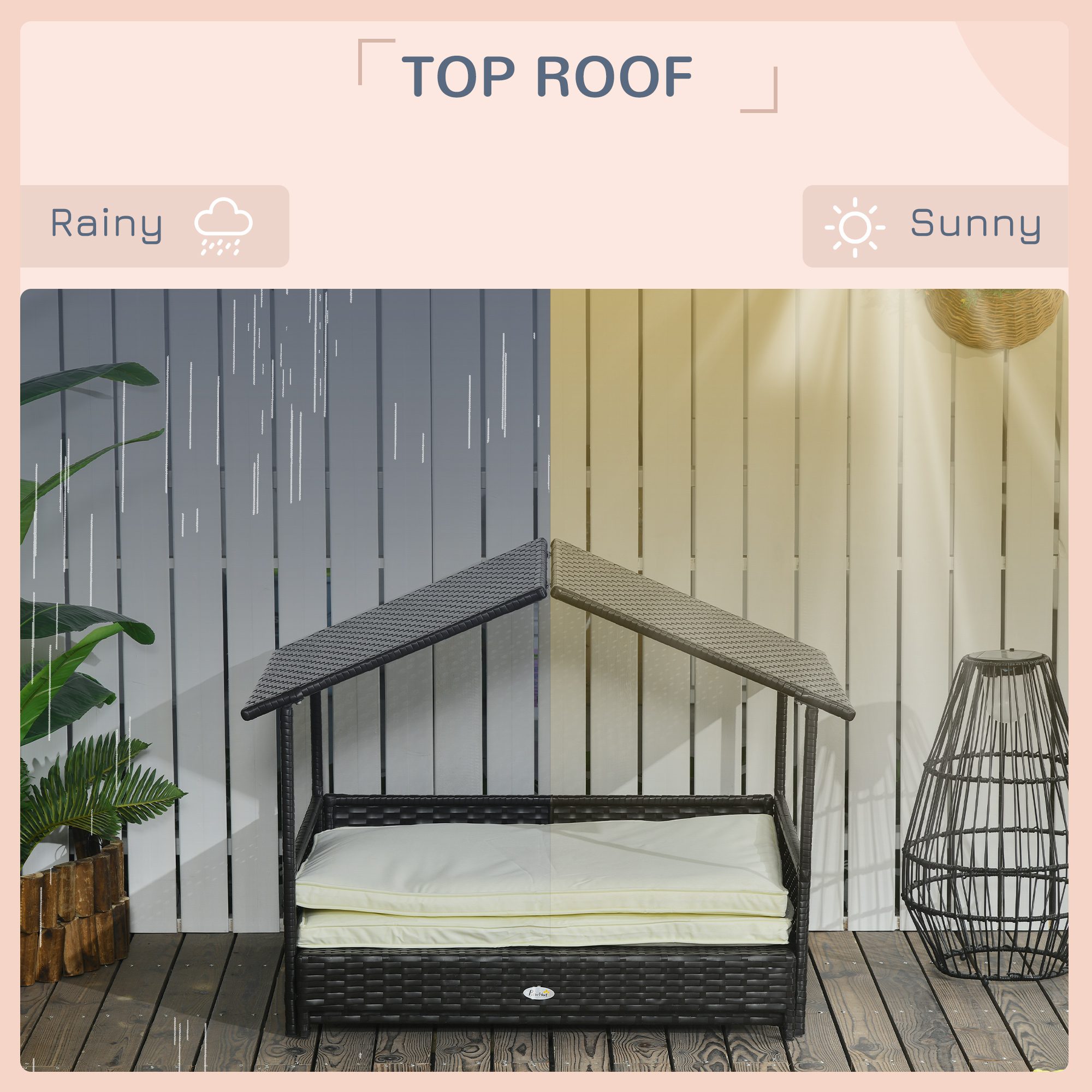 Outdoor Dog Bed Extendable Wicker Dog Bed w/ Waterproof Roof, Soft Cushion, for Small and Medium Dogs, Cream White - Image 4