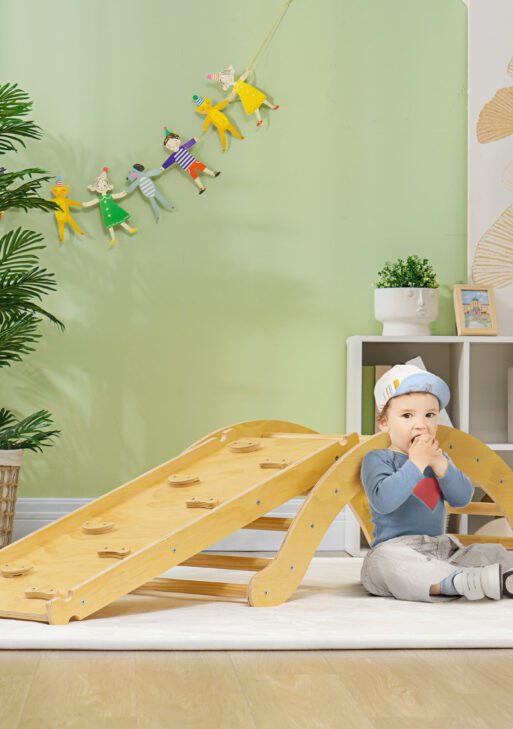 4 In 1 Indoor Toddler Climbing Toy Set with Arch Climber, Ramp & Cushion, Wood