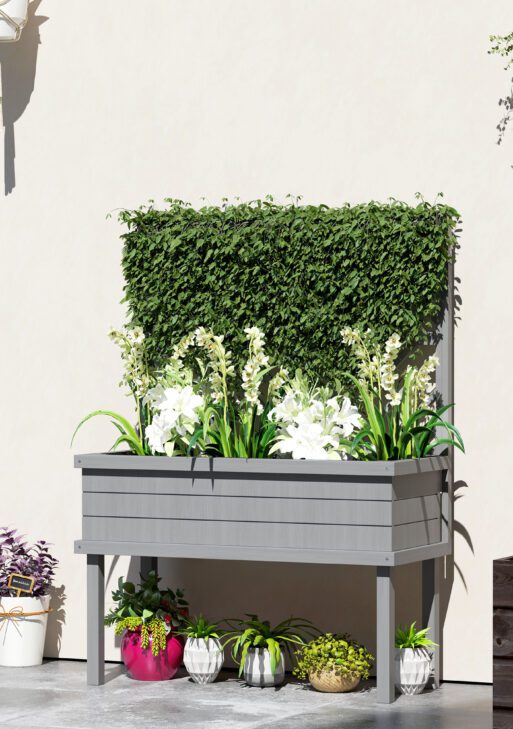 Elevated Wood Planter with Trellis for Climbing Plants, Raised Garden Bed with Legs and Drainage Holes, Gray