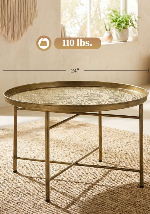 Coffee Table for Living Room, 24" Round Center Table with Hammered Tray Top and Metal Frame for Bedroom, Gold