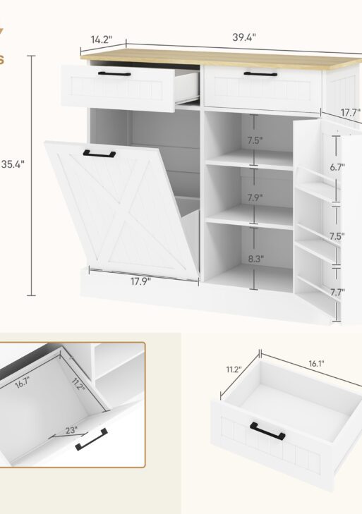 10 Gallon Farmhouse Kitchen Cabinet with Hidden Trash Can and 2 Drawers, Tilt Out Trash Can Cabinet for Kitchen, White