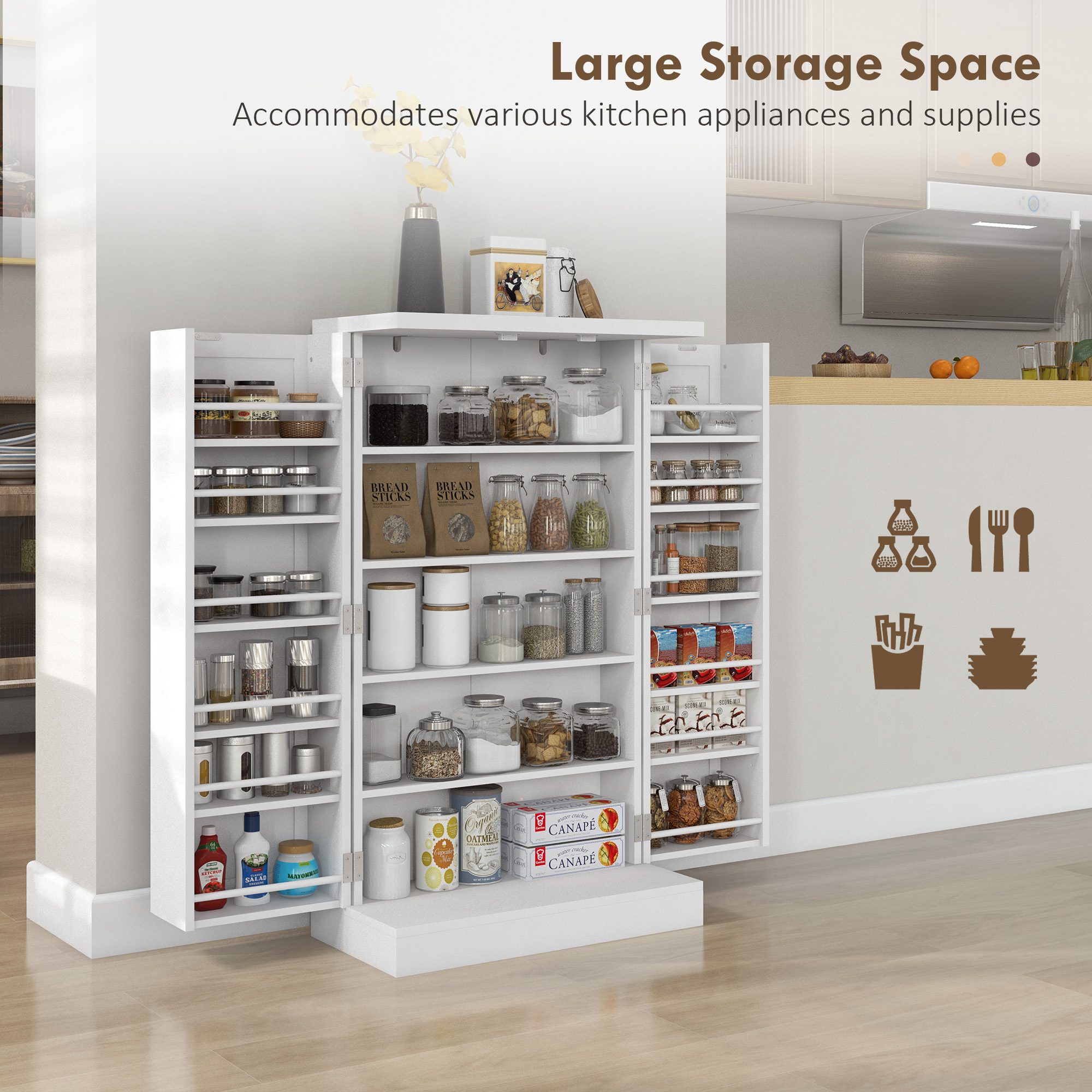 Freestanding Kitchen Pantry, Kitchen Storage Cabinet with 5-Tier Shelf, 12 Spice Racks, Adjustable Shelves, White - Image 3