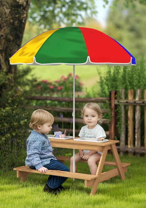 Wooden Outdoor Kids Picnic Table with Removable Umbrella, Children Sand and Water Activity Table for Patio, Mixed Color