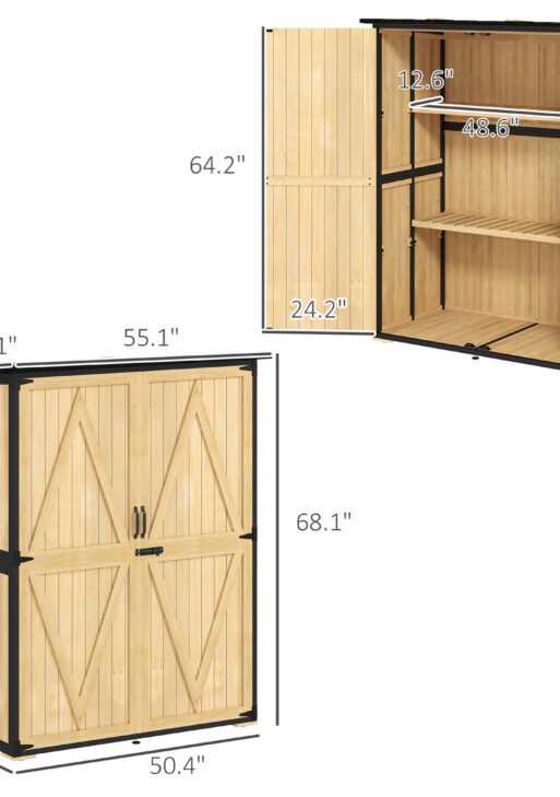Wood Storage Shed, Outdoor Garden Shed with Asphalt Roof, 2 Shelves, Lockable Doors and Adjustable Feet, Natural