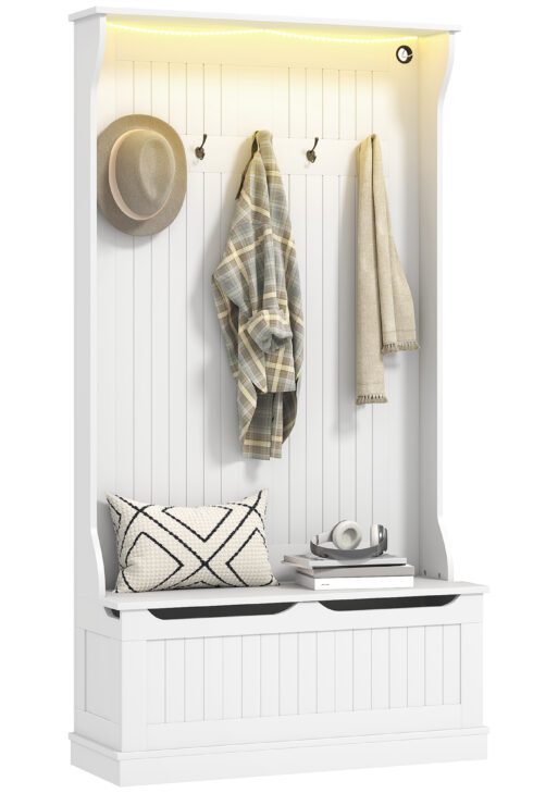 3-In-1 Entryway Bench with LED Lights and Coat Rack, Hall Tree with Bench and Shoe Storage, 5 Hooks for Hallway White