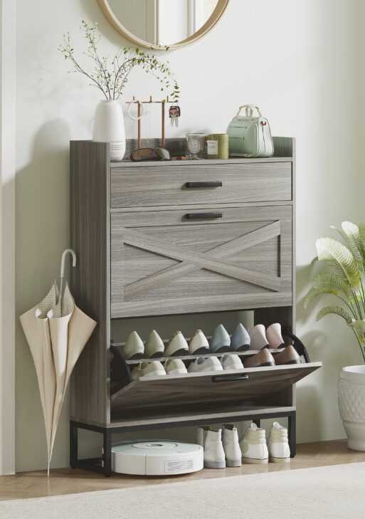 Slim Shoe Storage Cabinet, Shoes Cabinet Organizer with 2 Flip Drawers, Adjustable Shelves for 12 Pair, Distressed Gray