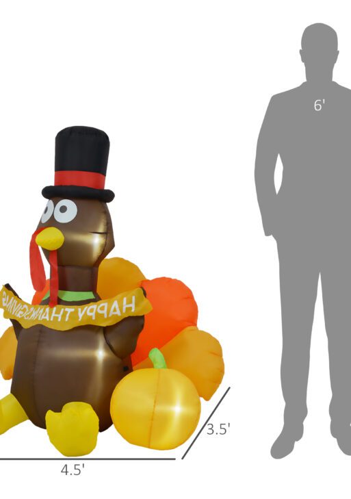 5ft Inflatable Thanksgiving Turkey Pulls Banner with Pumpkin, Blow Up LED Display for Garden Indoor Outdoor