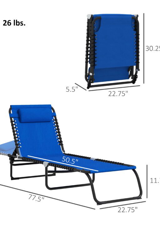 2 Folding Chaise Lounge Pool Chairs with 4-Position Reclining Back, Pillow, Breathable Mesh & Bungee Seat, Blue