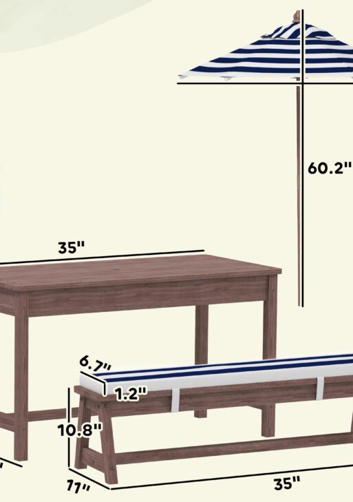 Outdoor Wooden Kids Picnic Table & Bench Set with Cushions and Umbrella, for Patio, Garden, Navy Blue