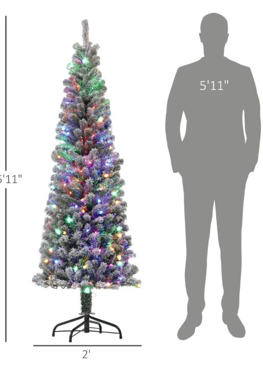 6 ft Pencil Christmas Tree, Pre-Lit Flocked Xmas Tree with Dual Color LED Lights, 429 Tips and Metal Stand, Green