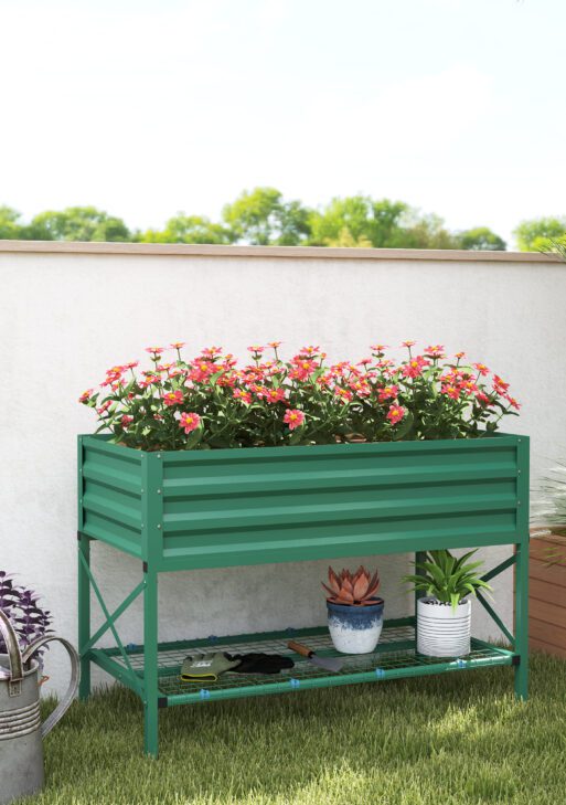 Galvanized Raised Garden Bed, Metal Planter Box with Legs, Storage Shelf and Bed Liner, Green