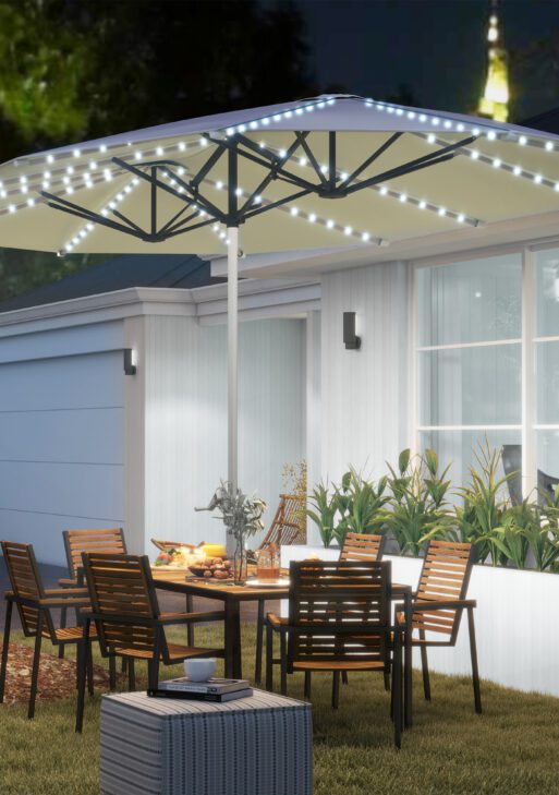 15ft Double-Sided Outdoor Umbrella with Solar Lights, UPF50+ Extra Large Aluminum Patio Umbrella with Crank, Cream White