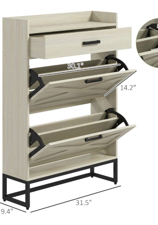 Slim Shoe Storage Cabinet, Shoes Cabinet Organizer with 2 Flip Drawers, Adjustable Shelves for 12 Pair, Distressed White