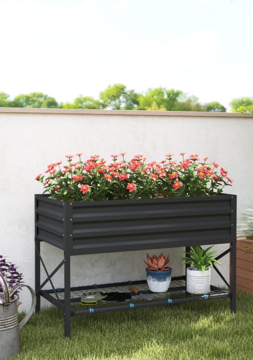Galvanized Raised Garden Bed, Metal Planter Box with Legs, Storage Shelf and Bed Liner, Dark Gray