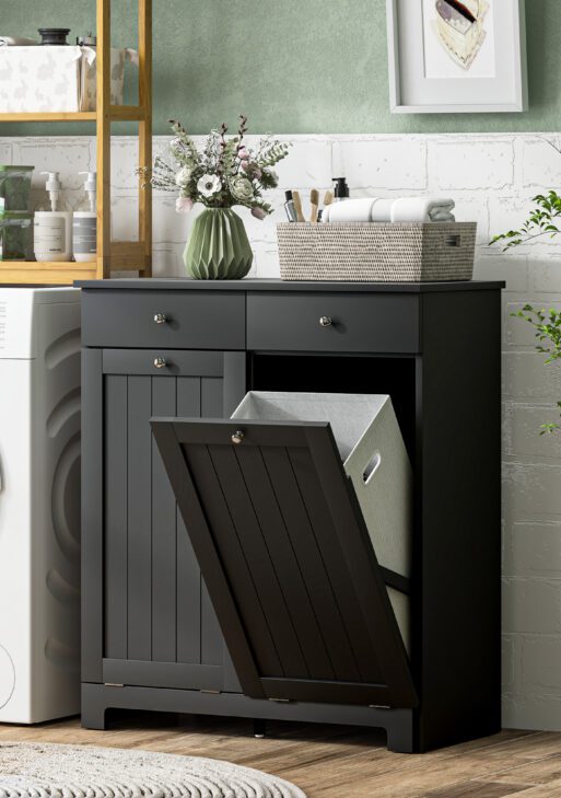 Laundry Hamper Cabinet, Laundry Cabinet with 2 Tilt Out Laundry Baskets and 2 Drawers, Black