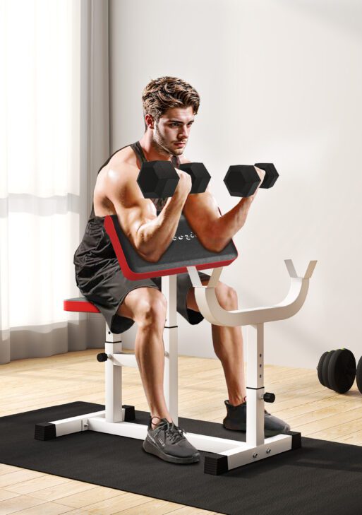 265 LBS Preacher Curl Bench for Strength Training, Adjustable Seated Arm Isolated Barbell Dumbbell Bicep Station, White