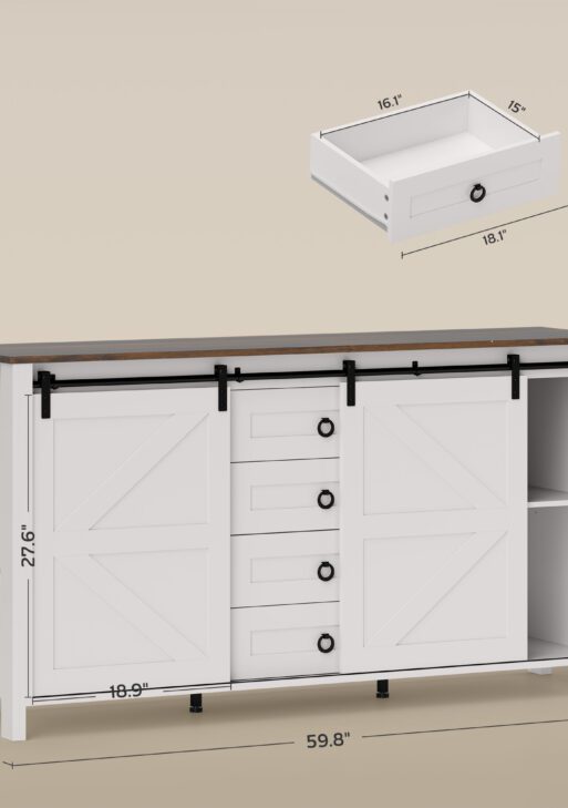 60" Buffet Cabinet, Farmhouse Sideboard with Sliding Barn Doors, Drawers and Adjustable Shelves, Distressed Cream White