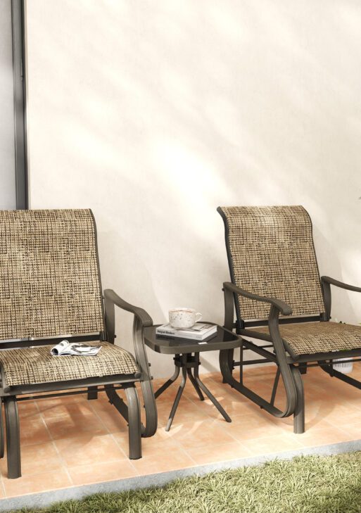 3-Piece Outdoor Gliders Set Bistro Set with Steel Frame, Tempered Glass Top Table for Patio, Garden, Light Mixed Brown