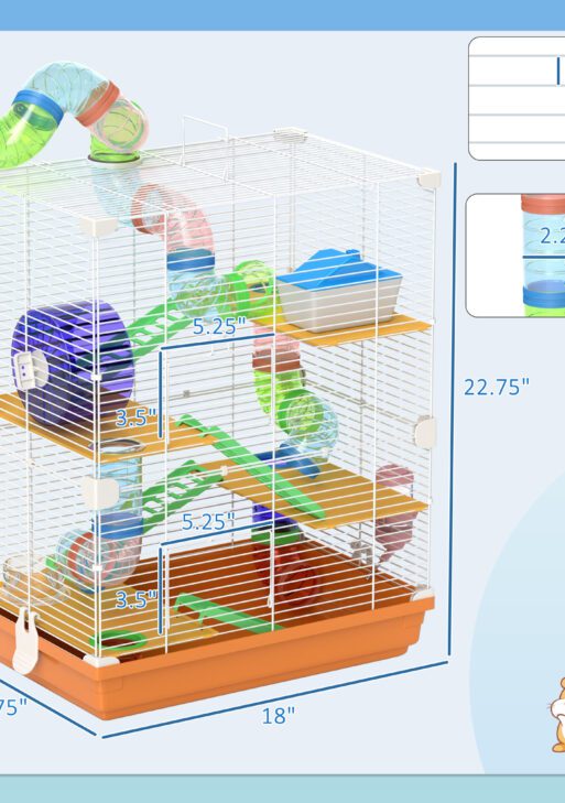 5 Tiers Hamster Cage Portable Animal Travel Carrier w/ Exercise Wheels Tube, Orange