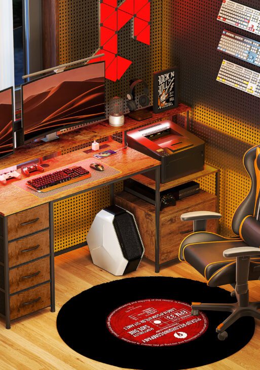 Computer Desk with Power Outlets and LED Lights, 67" Computer Table with File Cabinet and Fabric Drawers, Rustic Brown