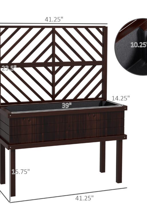 Elevated Wood Planter with Trellis for Climbing Plants, Raised Garden Bed with Legs and Drainage Holes, Carbonized