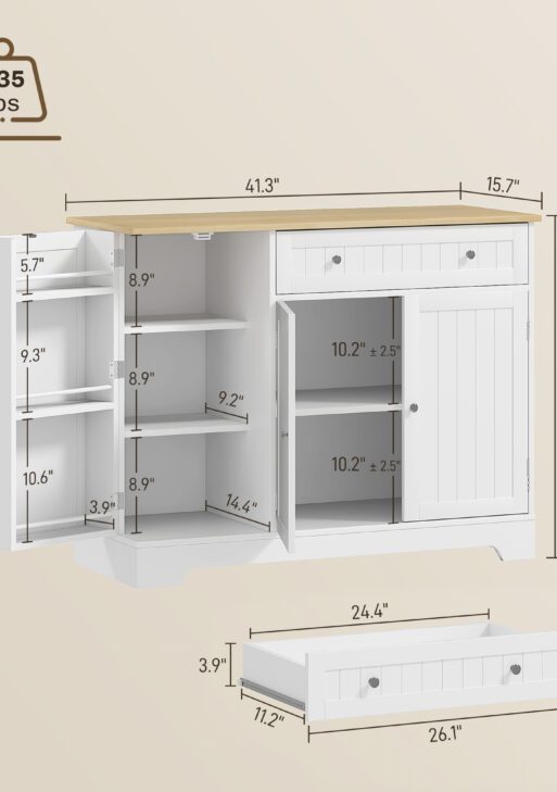 Modern Sideboard Cabinet, 41" Kitchen Buffet Cabinet with Drawer, Adjustable Shelf, 3 Doors for Dining Room, White