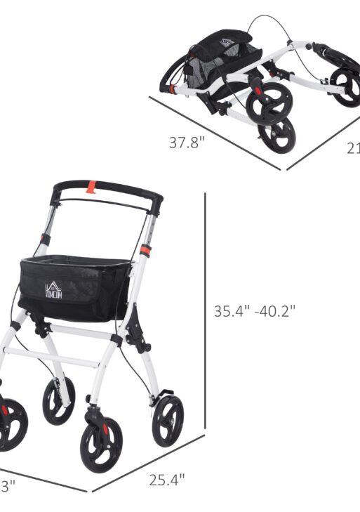 Upright Walker Rollator, Rolling Walker with Storage Bag, Tray, Dual Brakes, Adjustable Height, for Seniors, White