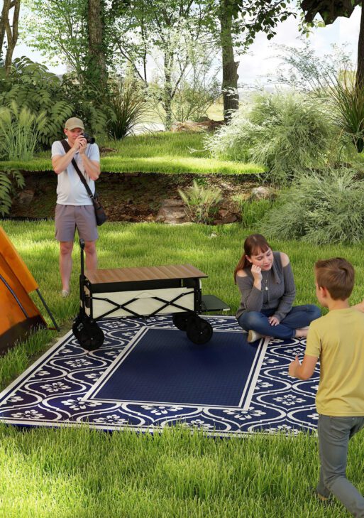 Reversible Outdoor Rug, Waterproof Plastic Straw with Carry Bag, 8' x 10', Blue & White Gourd Border