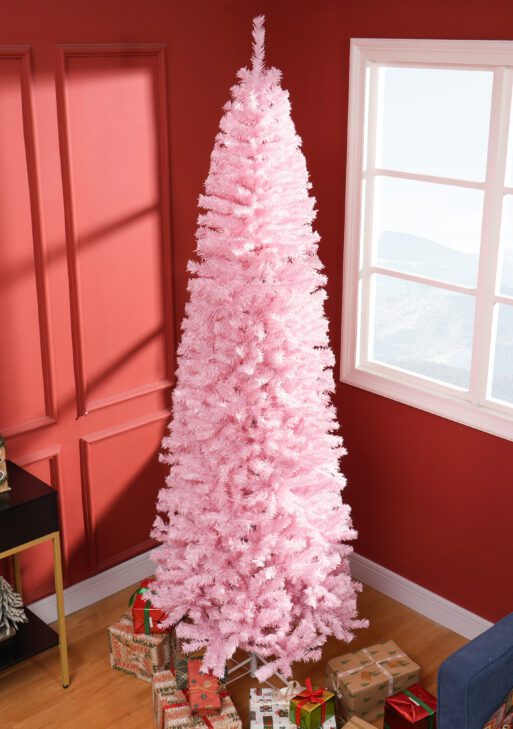 8' Artificial Christmas Tree Douglas Fir Pencil Christmas Tree with 1168 Realistic Branch Tips, Pink