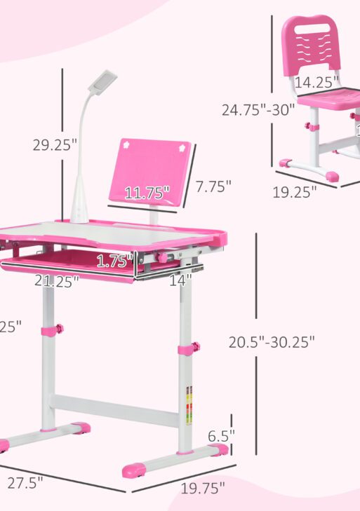 Kids Desk and Chair Set with USB Light, Storage Drawer, Pink