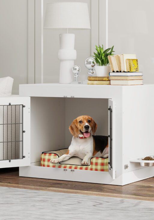 Dog Crate Furniture with 360° Rotatable Removable Dog Bowls, Dog Kennel Furniture for Medium Dogs, White