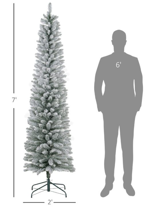 7ft Artificial Christmas Tree, Snow Flocked Branches, Metal Base, Pencil Xmas Tree