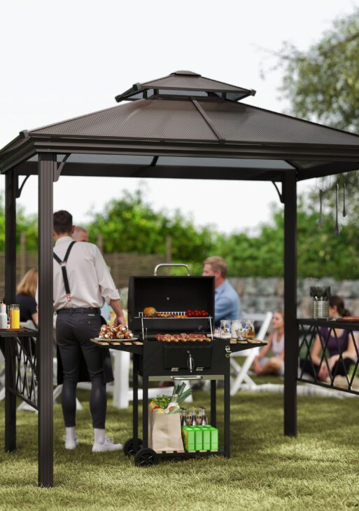 Outside Porch BBQ Cooking Pergola Canopy with 6 Hooks for Utensils and Double Venting Roof, Coffee