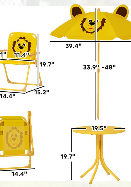 Kids Picnic Table and Chair Set, Outdoor Activity Table with Foldable Chairs, Height Adjustable Umbrella, Yellow