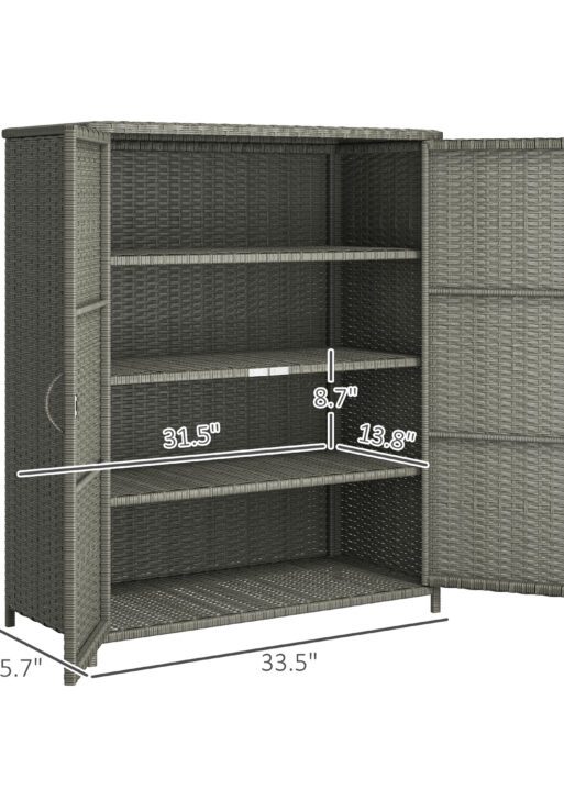 Rattan Wicker Outdoor Storage Cabinet with 4 Shelves and 2 Doors for Garden Pool Towel Storage, Dark Gray