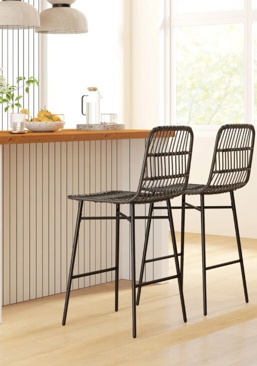 Rattan Counter Bar Stools Set of 2, 26" Counter Height Barstools with Back, Bar Chairs for Kitchen Island, Black