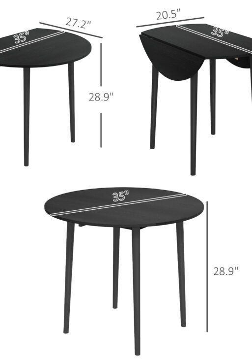 Folding Dining Table, Round Drop Leaf Kitchen Table for Small Spaces with Wood Legs, Black