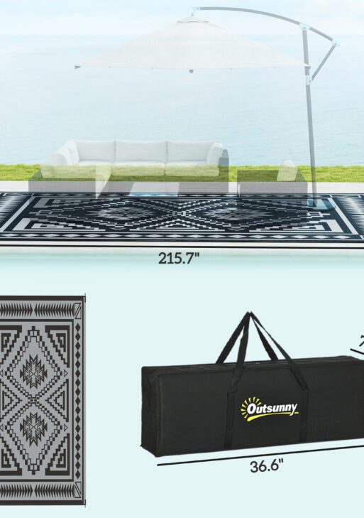 Reversible Outdoor Rug, Waterproof Plastic Straw with Carry Bag, 9' x 18', Black & Gray Square Patchwork